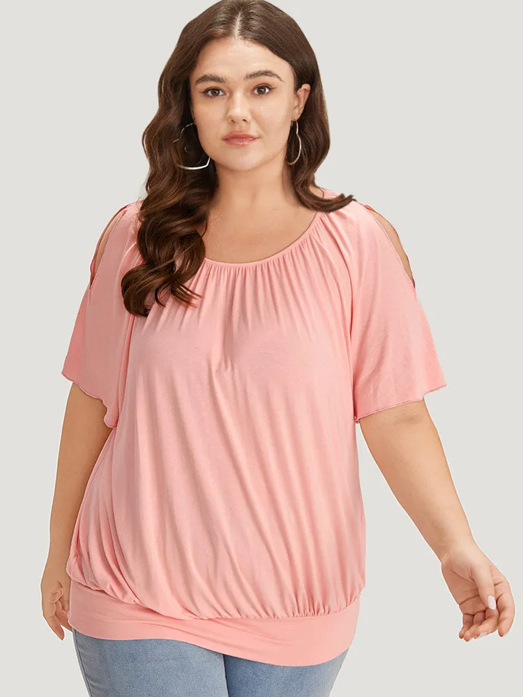 Solid Cut Out Gathered Crew Neck T-shirt sold by Bloomchic