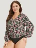 Floral Print V Neck Elastic Waist Lantern Sleeve Bodysuit sold by Bloomchic