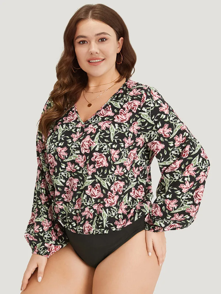 Floral Print V Neck Elastic Waist Lantern Sleeve Bodysuit sold by Bloomchic product image thumbnail 4