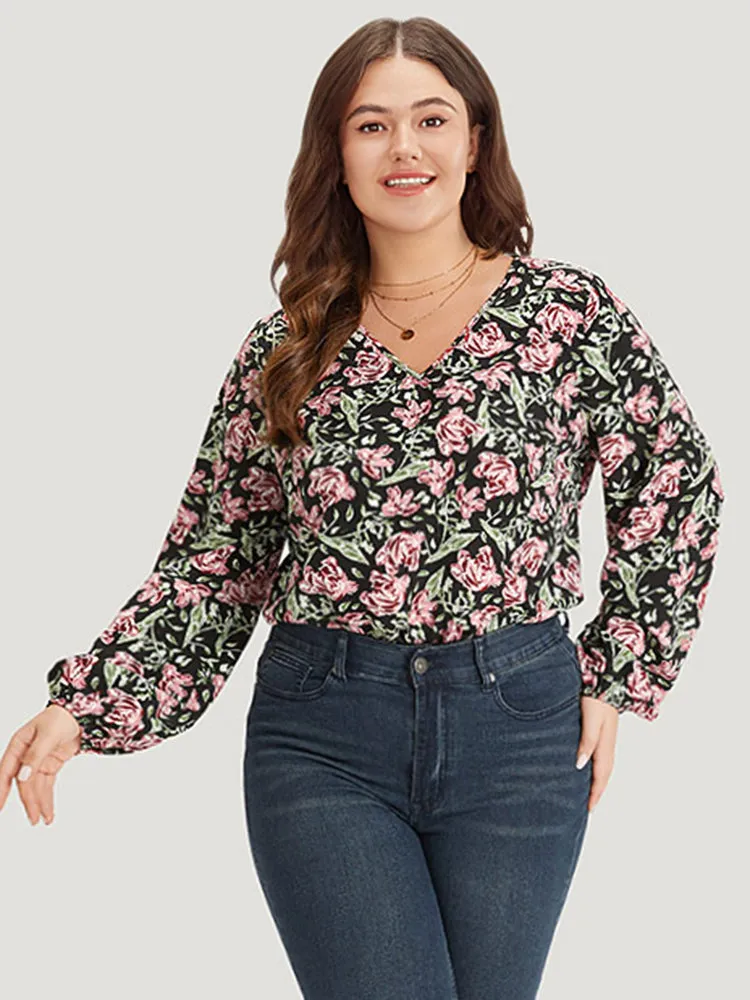 Floral Print V Neck Elastic Waist Lantern Sleeve Bodysuit sold by Bloomchic