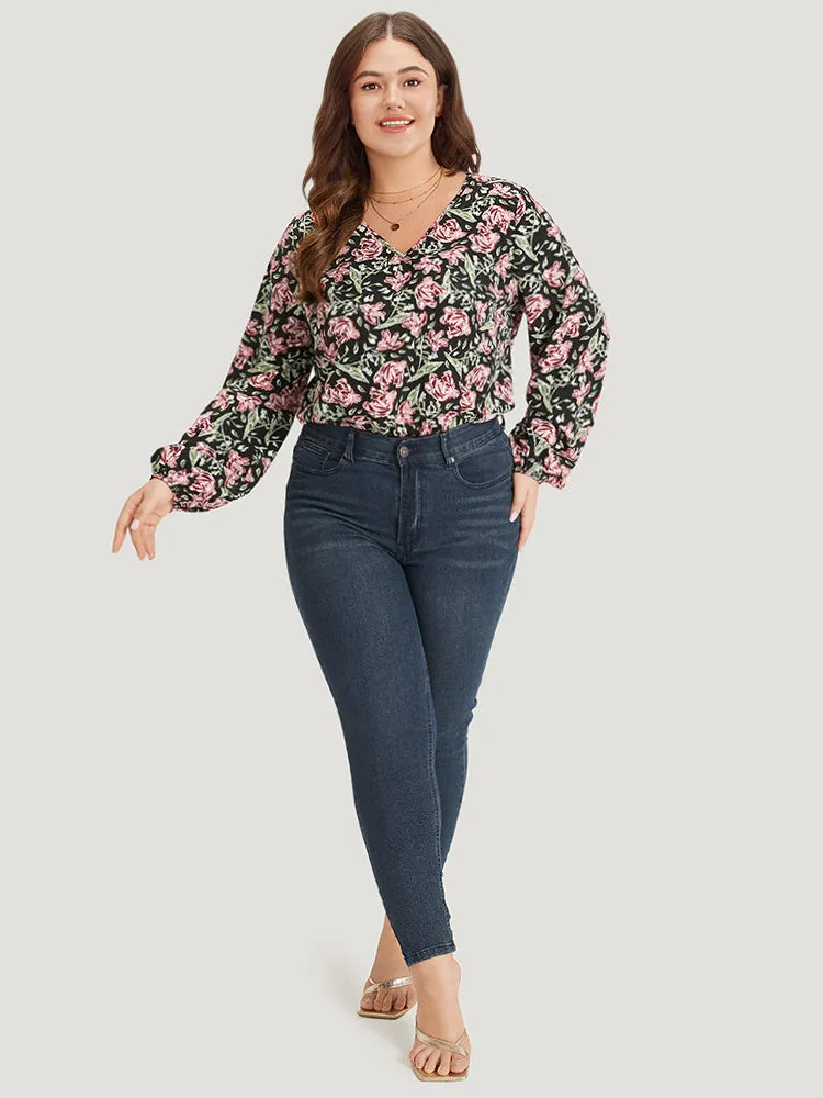 Floral Print V Neck Elastic Waist Lantern Sleeve Bodysuit sold by Bloomchic product image thumbnail 5