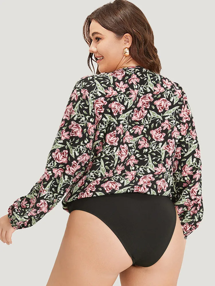 Floral Print V Neck Elastic Waist Lantern Sleeve Bodysuit sold by Bloomchic product image thumbnail 2