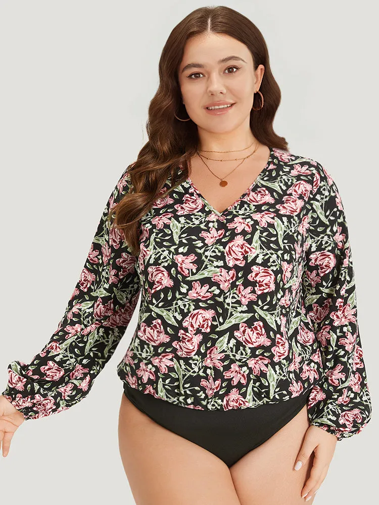 Floral Print V Neck Elastic Waist Lantern Sleeve Bodysuit sold by Bloomchic product image thumbnail 3