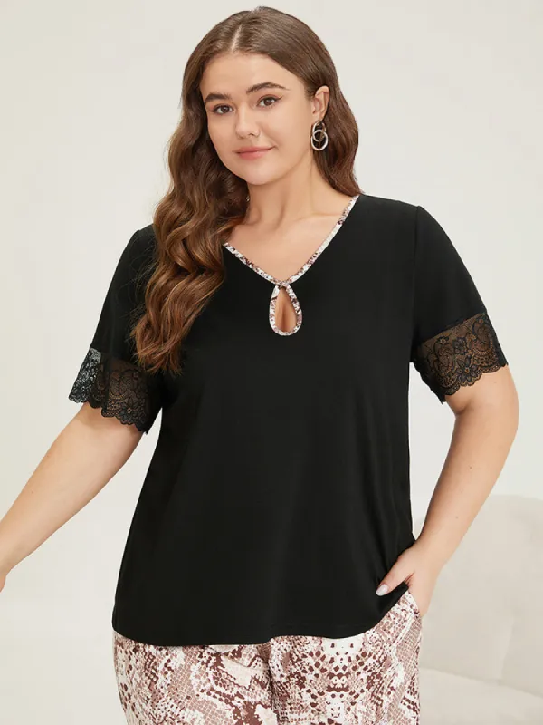 Plain Patchwork Snakeskin Guipure Lace Keyhole Sleep Top sold by Bloomchic