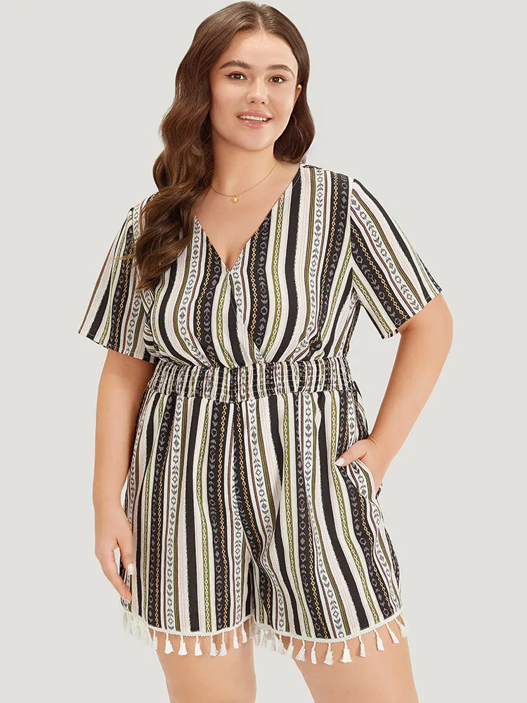 Boho Print Shirred Cut Out Tassel Trim Romper sold by Bloomchic product image thumbnail 2