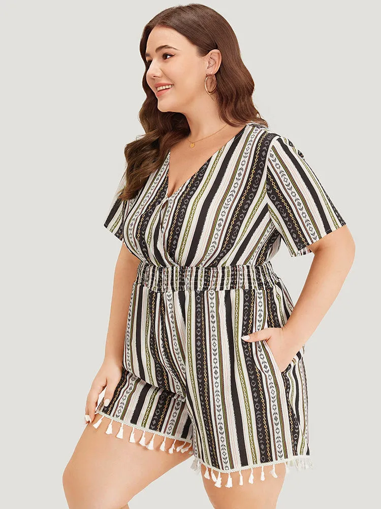 Boho Print Shirred Cut Out Tassel Trim Romper sold by Bloomchic product image thumbnail 4