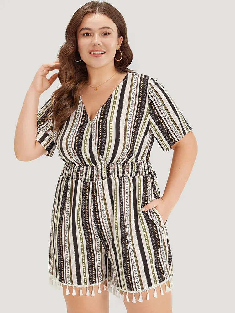 Boho Print Shirred Cut Out Tassel Trim Romper sold by Bloomchic