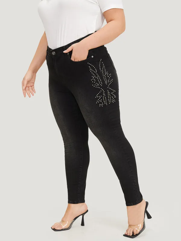 Beaded Detail Pocket Very Stretchy Black Wash Jeans sold by Bloomchic