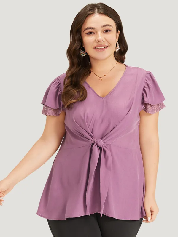 Supersoft Essentials Solid Guipure Lace V Neck Twist Front Blouse sold by Bloomchic