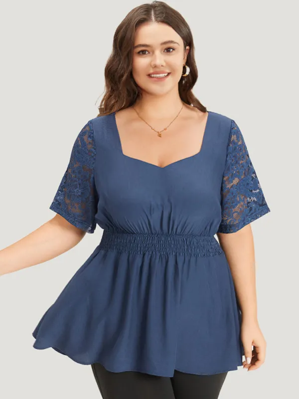 Supersoft Essentials Crochet Lace Mesh Shirred Ruffle Hem Gathered Blouse sold by Bloomchic