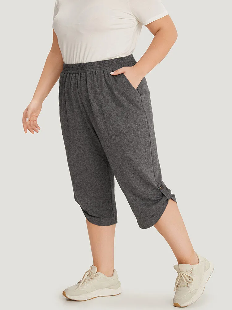 Supersoft Essentials Plain Pocket Button Detail Cropped Sweatpants sold by Bloomchic