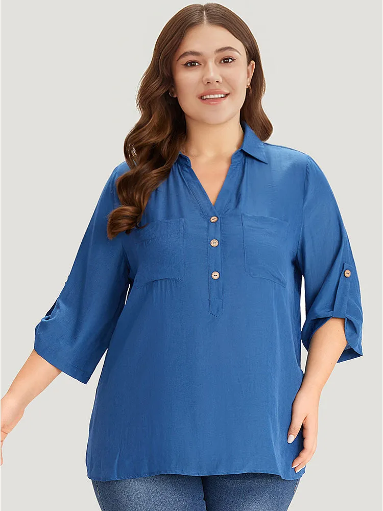 Supersoft Essentials Solid Button Up Pocket Shirt Collar Blouse sold by Bloomchic