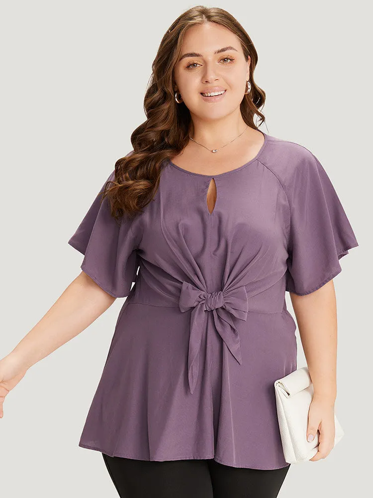 Supersoft Essentials Plain Keyhole Twist Front Ruffle Blouse sold by Bloomchic