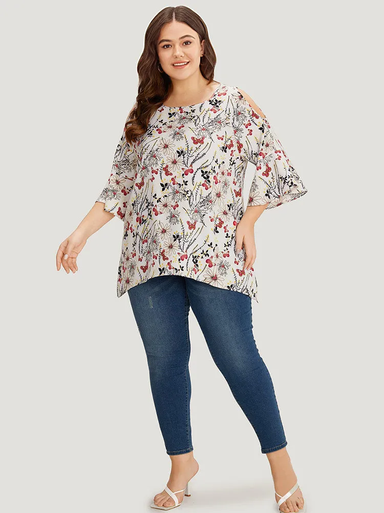Butterfly & Floral Print Bell Sleeve Cut Out Blouse sold by Bloomchic product image thumbnail 5