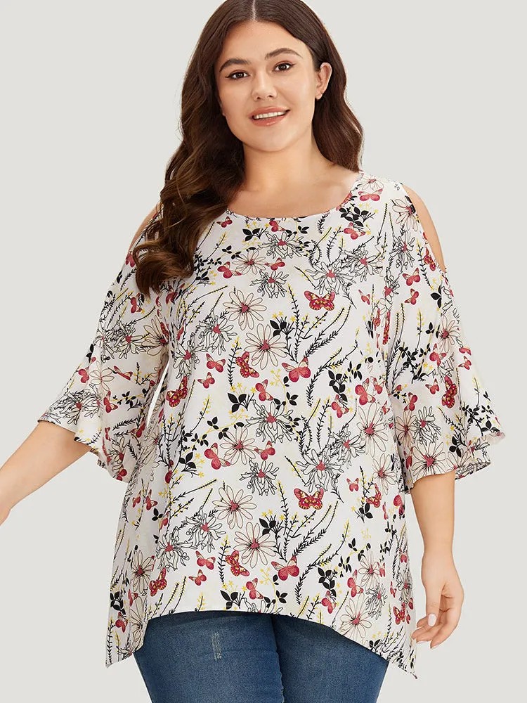 Butterfly & Floral Print Bell Sleeve Cut Out Blouse sold by Bloomchic product image thumbnail 2