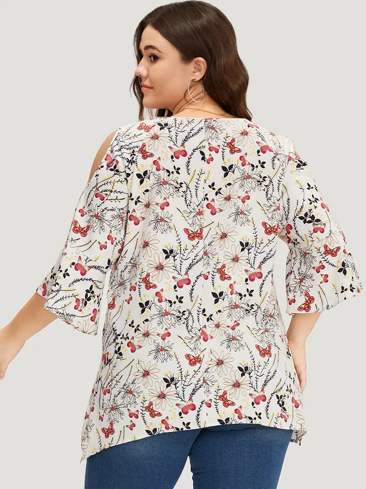Butterfly & Floral Print Bell Sleeve Cut Out Blouse sold by Bloomchic product image thumbnail 3