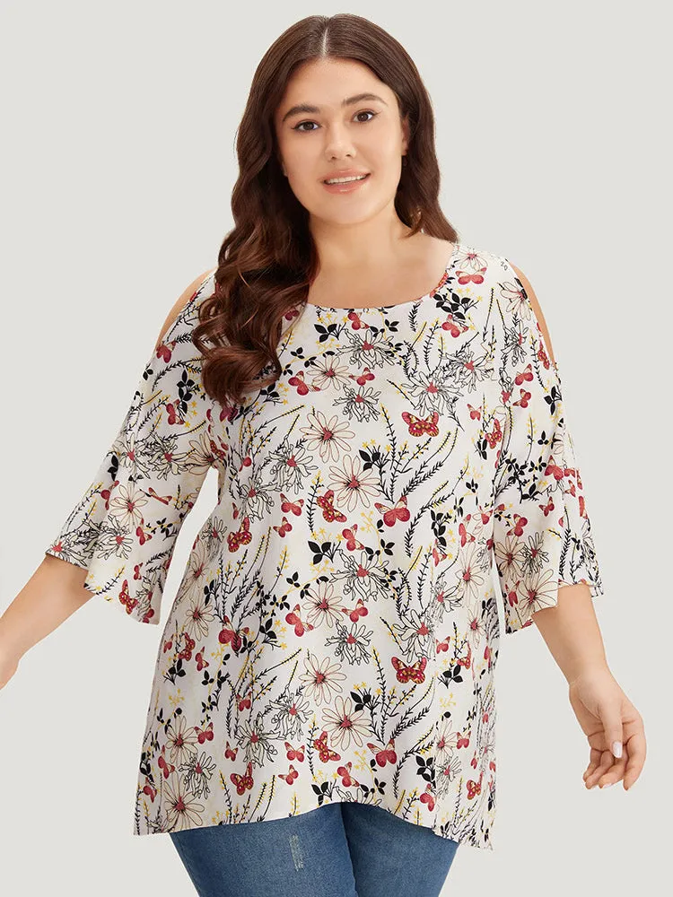 Butterfly & Floral Print Bell Sleeve Cut Out Blouse sold by Bloomchic