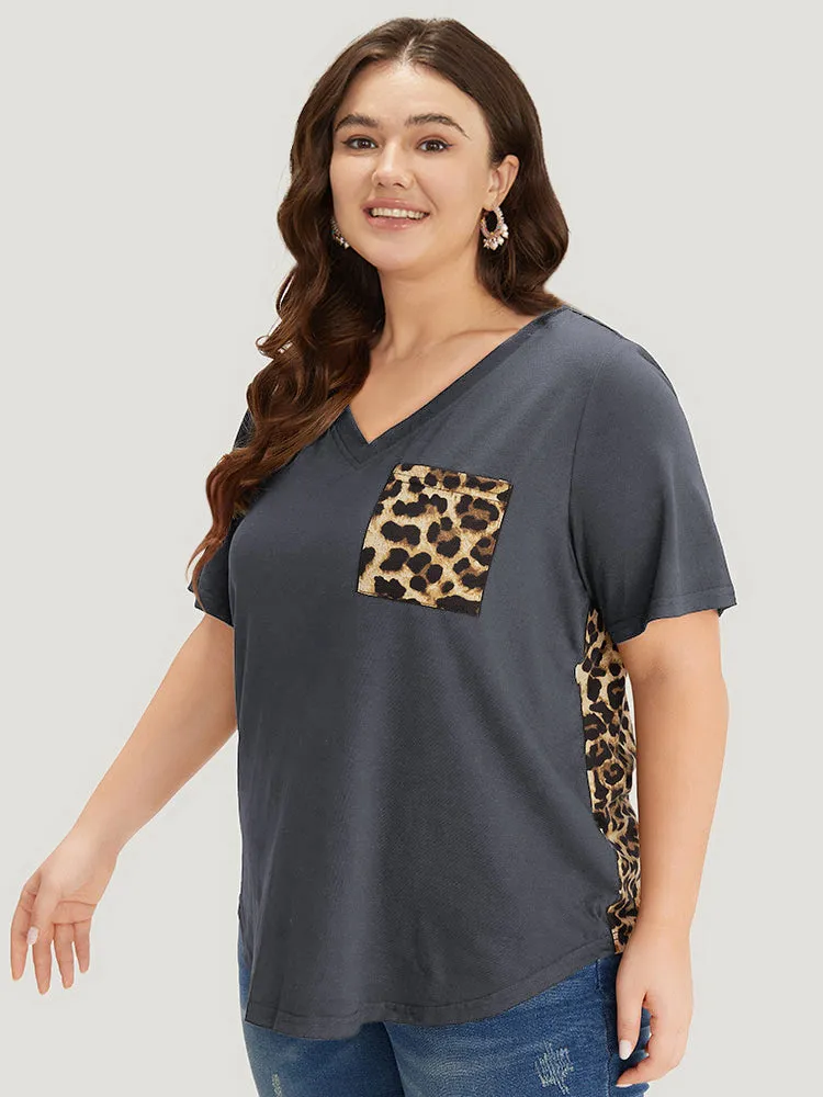 Leopard Patchwork Patched Pocket V Neck T-shirt sold by Bloomchic product image thumbnail 5