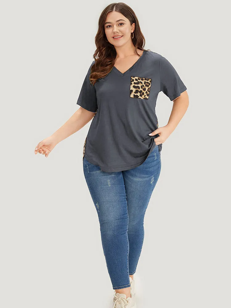 Leopard Patchwork Patched Pocket V Neck T-shirt sold by Bloomchic product image thumbnail 4