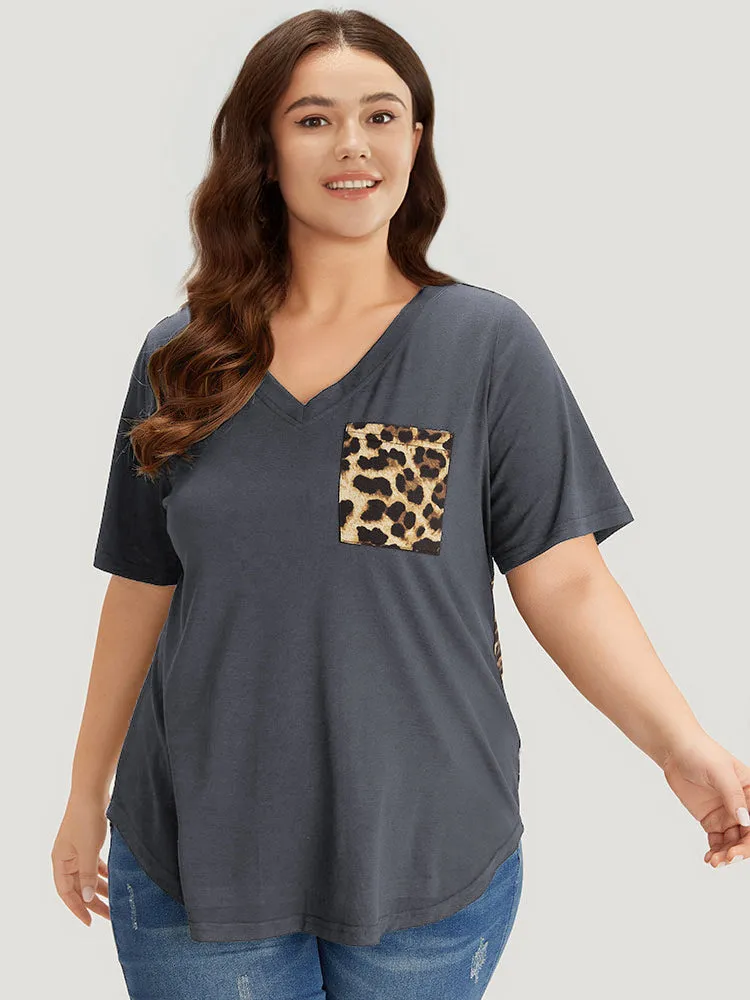 Leopard Patchwork Patched Pocket V Neck T-shirt sold by Bloomchic
