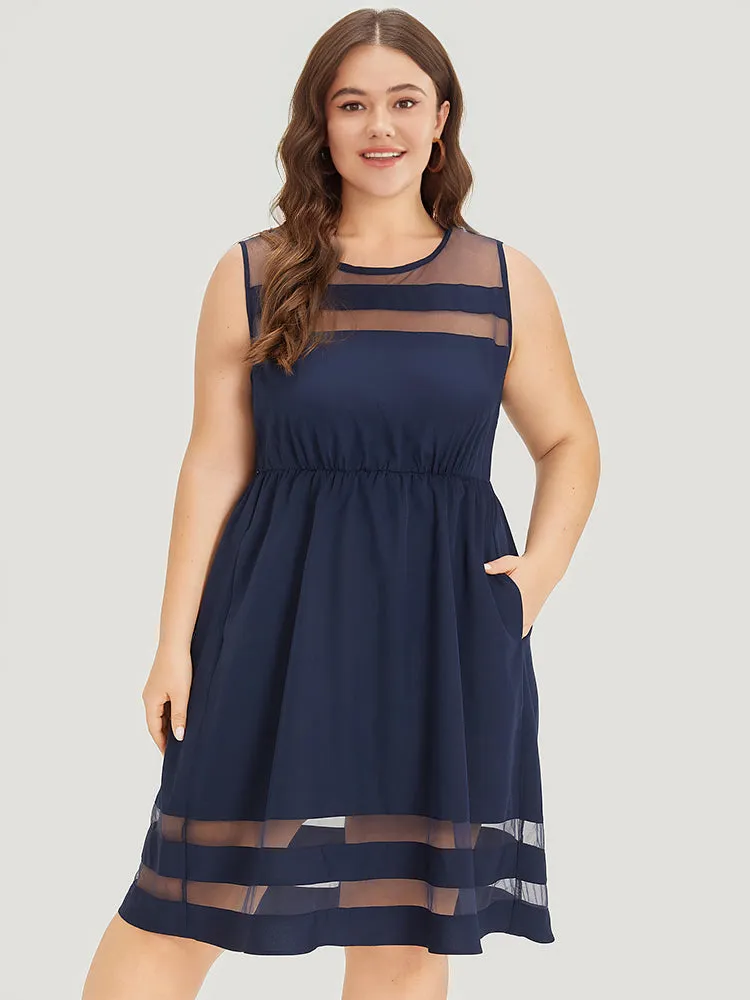 Mesh Patchwork Pocket Elastic Waist Gathered Tank Dress sold by Bloomchic