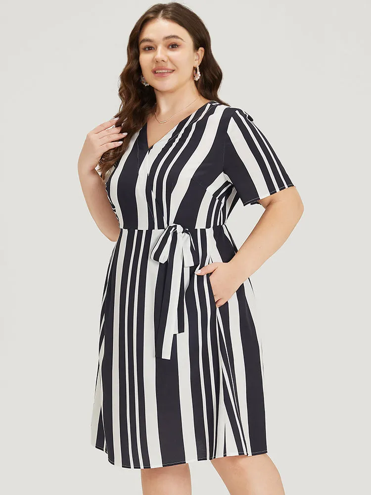 Striped Print Bowknot Pocket Surplice Neck Dress sold by Bloomchic product image thumbnail 3