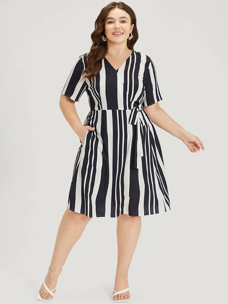 Striped Print Bowknot Pocket Surplice Neck Dress sold by Bloomchic product image thumbnail 4