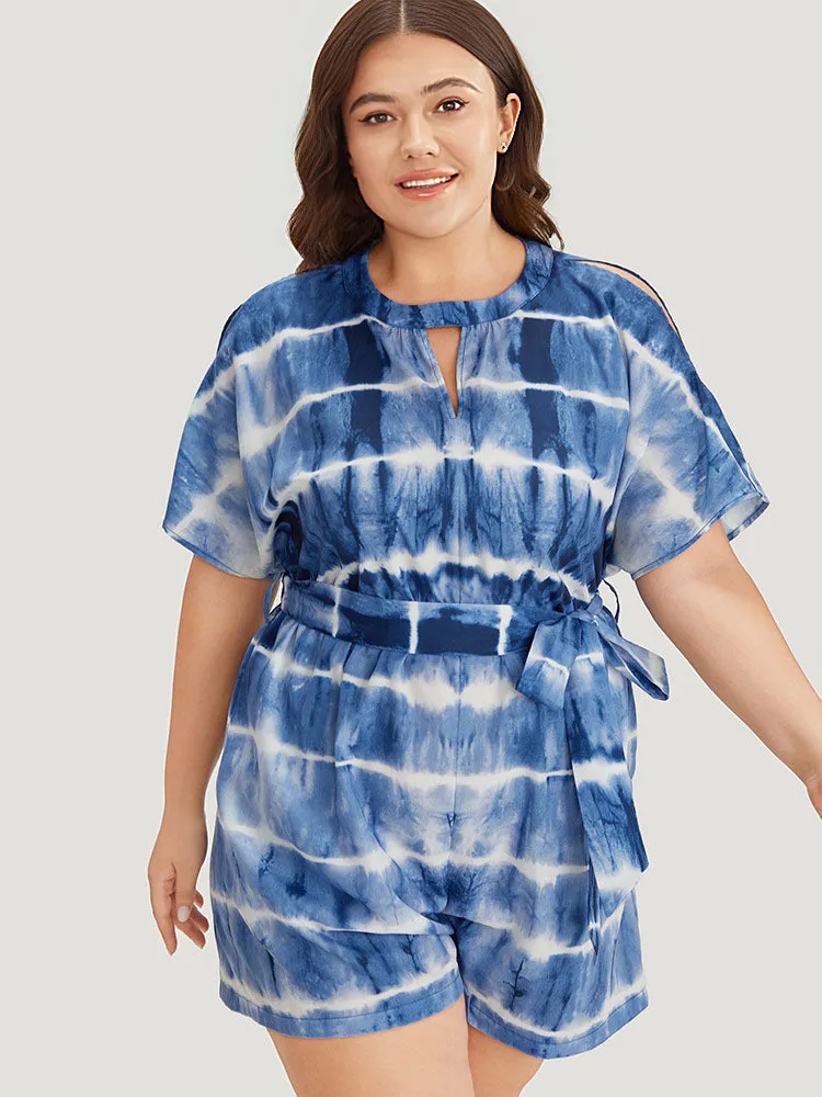 Tie Dye Keyhole Belted Batwing Sleeve Romper sold by Bloomchic