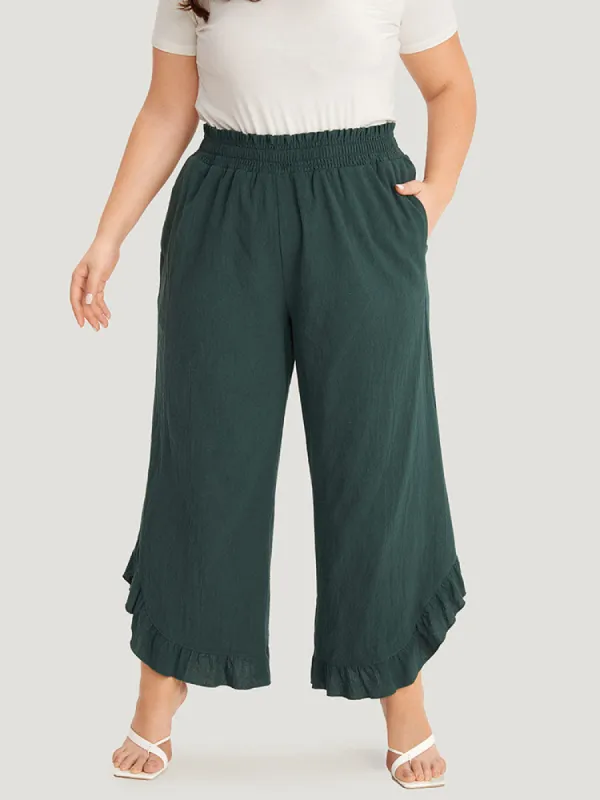 Solid Ruffle Trim Pocket Paperbag Waist Pants sold by Bloomchic