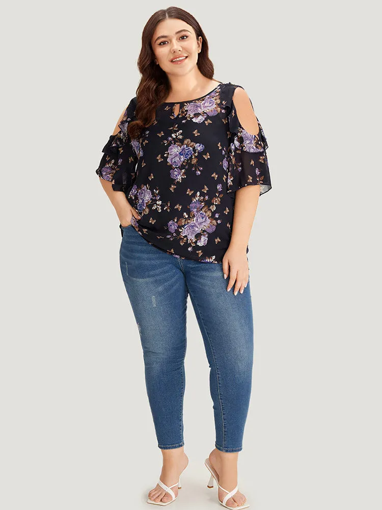 Floral Cut Out Ruffle Trim Blouse With Cami Top sold by Bloomchic product image thumbnail 4