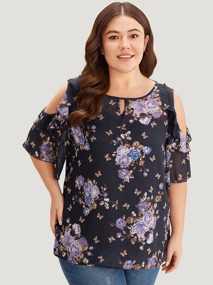Floral Cut Out Ruffle Trim Blouse With Cami Top sold by Bloomchic