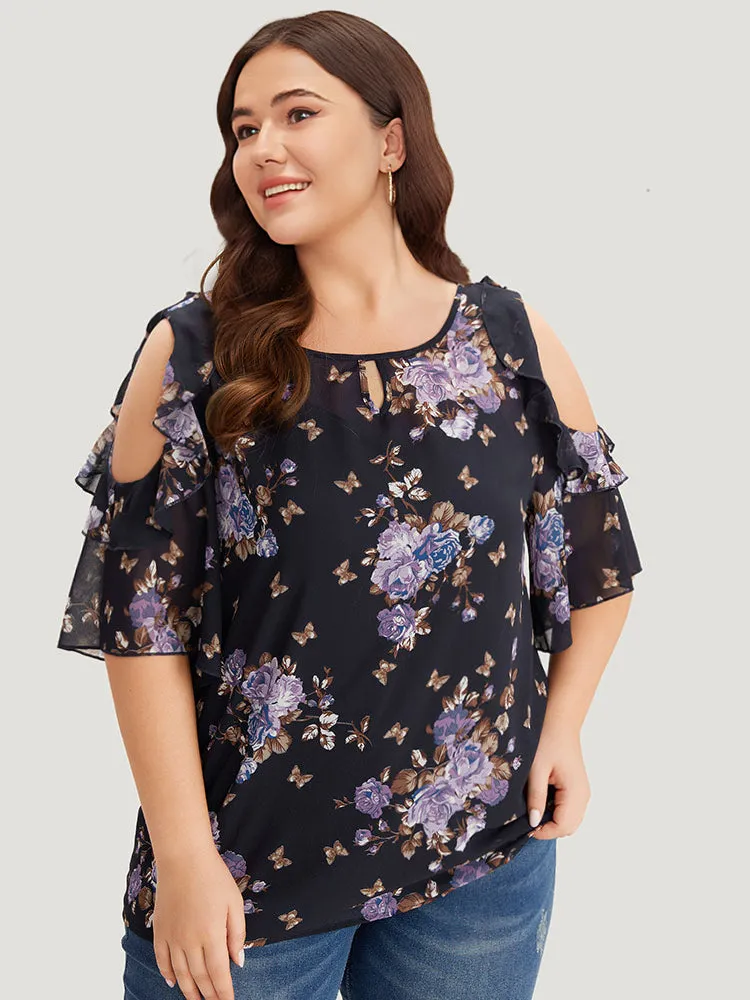 Floral Cut Out Ruffle Trim Blouse With Cami Top sold by Bloomchic product image thumbnail 5