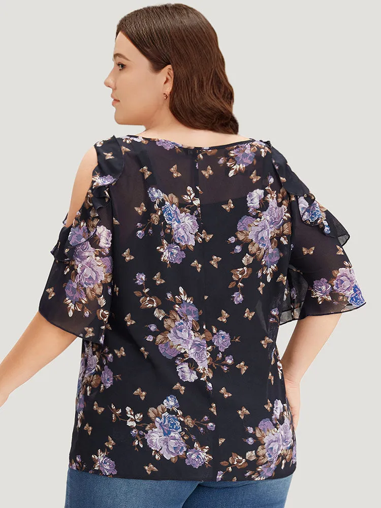 Floral Cut Out Ruffle Trim Blouse With Cami Top sold by Bloomchic product image thumbnail 2