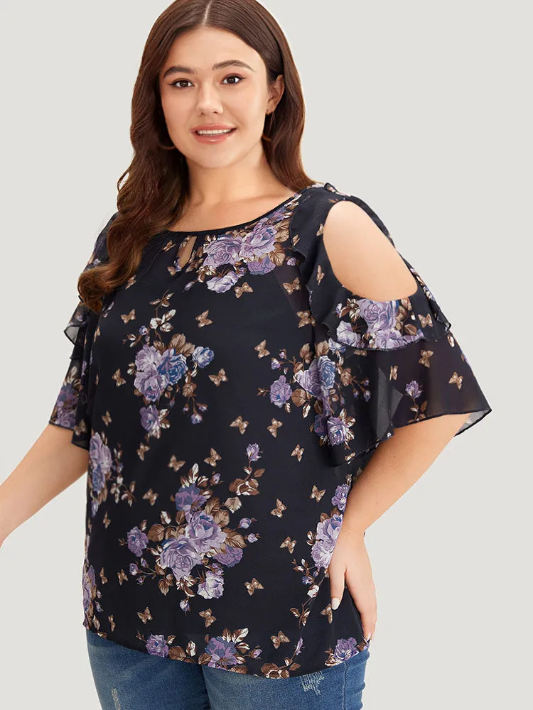 Floral Cut Out Ruffle Trim Blouse With Cami Top sold by Bloomchic product image thumbnail 3