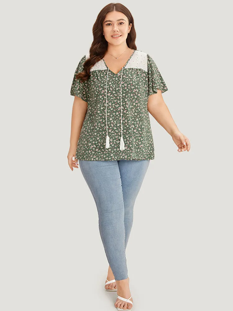 Ditsy Floral Patchwork Tassels Ties Flutter Sleeve Blouse sold by Bloomchic product image thumbnail 4