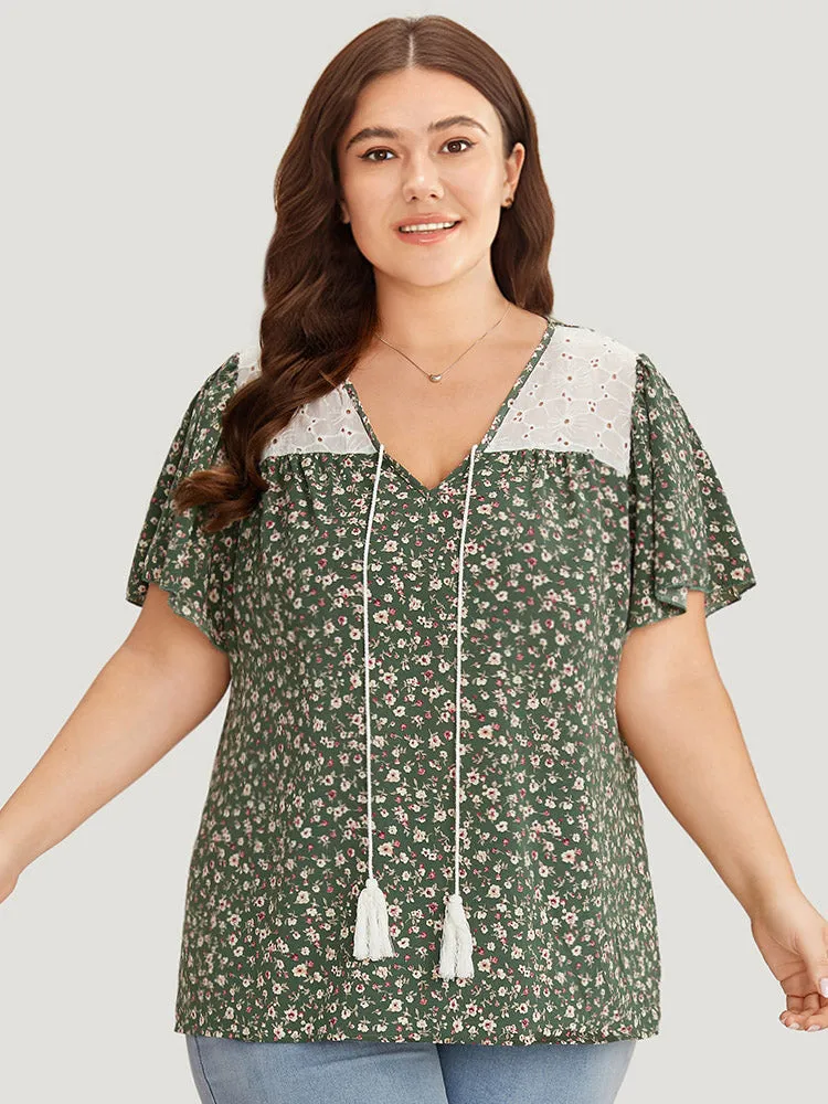 Ditsy Floral Patchwork Tassels Ties Flutter Sleeve Blouse sold by Bloomchic