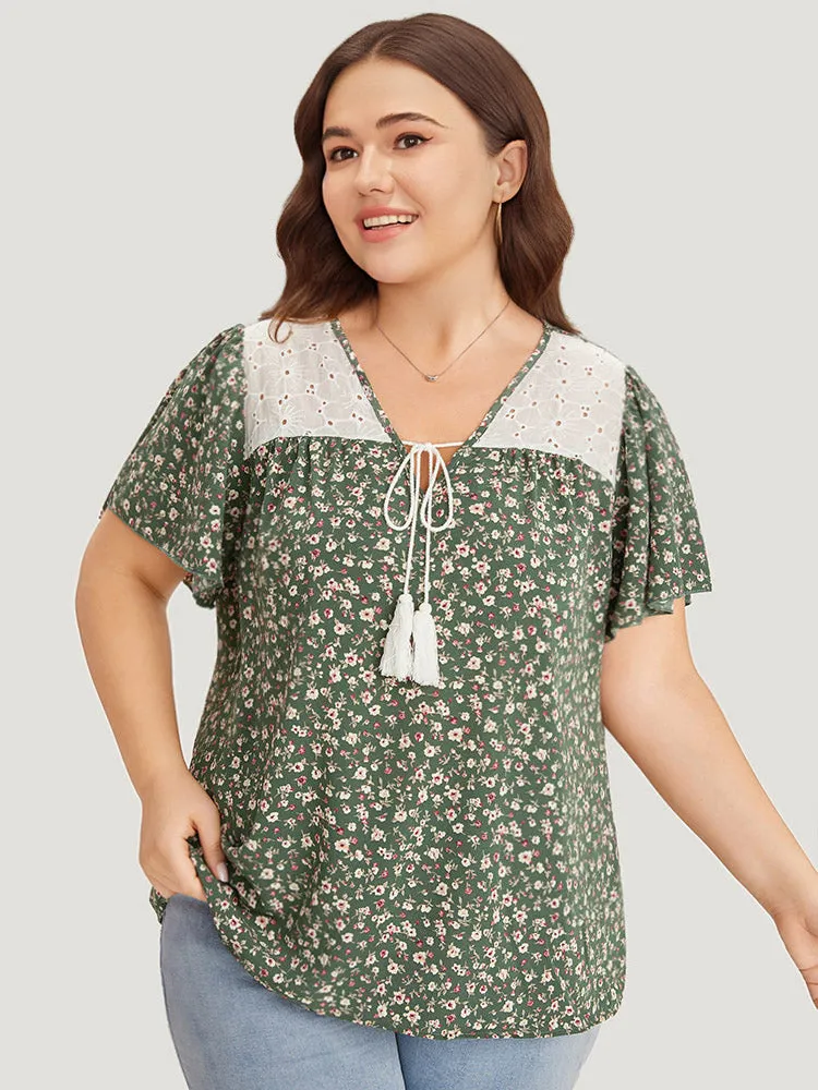 Ditsy Floral Patchwork Tassels Ties Flutter Sleeve Blouse sold by Bloomchic product image thumbnail 5