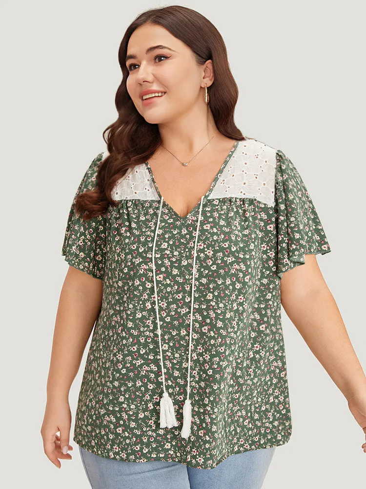 Ditsy Floral Patchwork Tassels Ties Flutter Sleeve Blouse sold by Bloomchic product image thumbnail 2