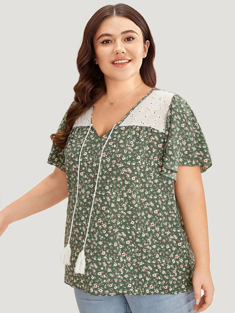 Ditsy Floral Patchwork Tassels Ties Flutter Sleeve Blouse sold by Bloomchic product image thumbnail 3