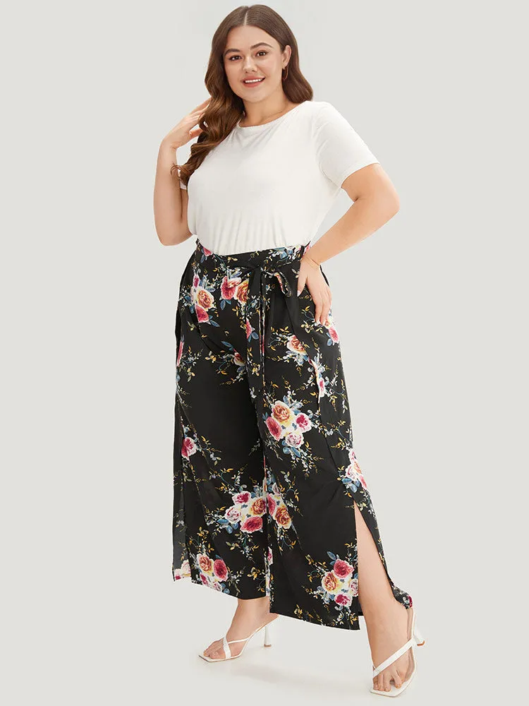Floral Print Belted Split Side Pleated Pants sold by Bloomchic product image thumbnail 4