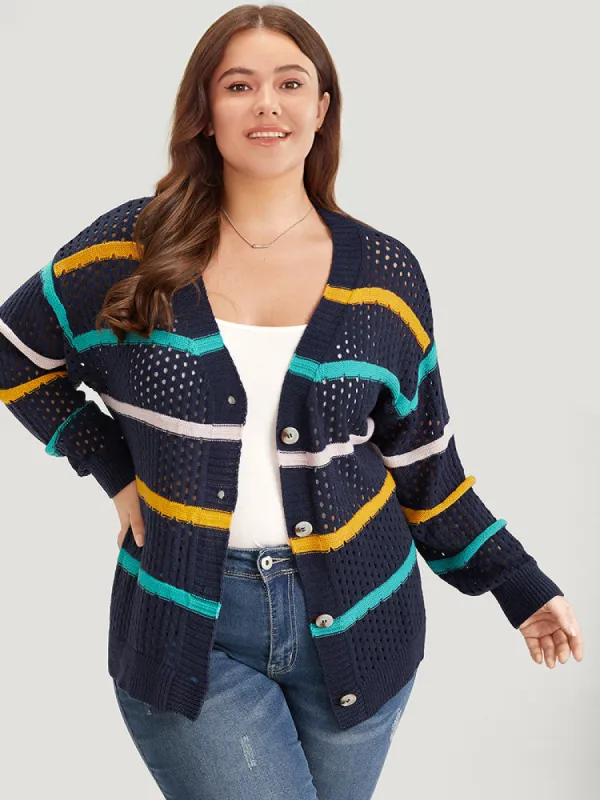 Contrast Striped Button Through Hollow Out Cardigan sold by Bloomchic