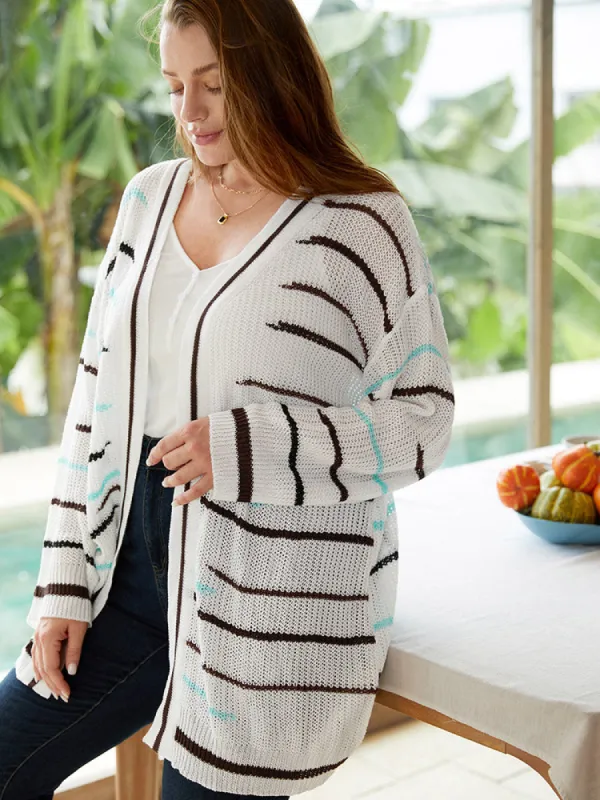 Striped Open Front Contrast Mesh Cardigan sold by Bloomchic