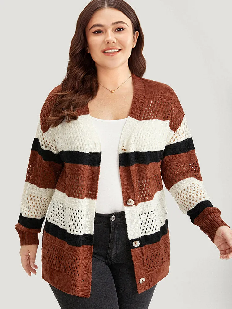 Colorblock Contrast Geo Eyelet Button Through Cardigan sold by Bloomchic