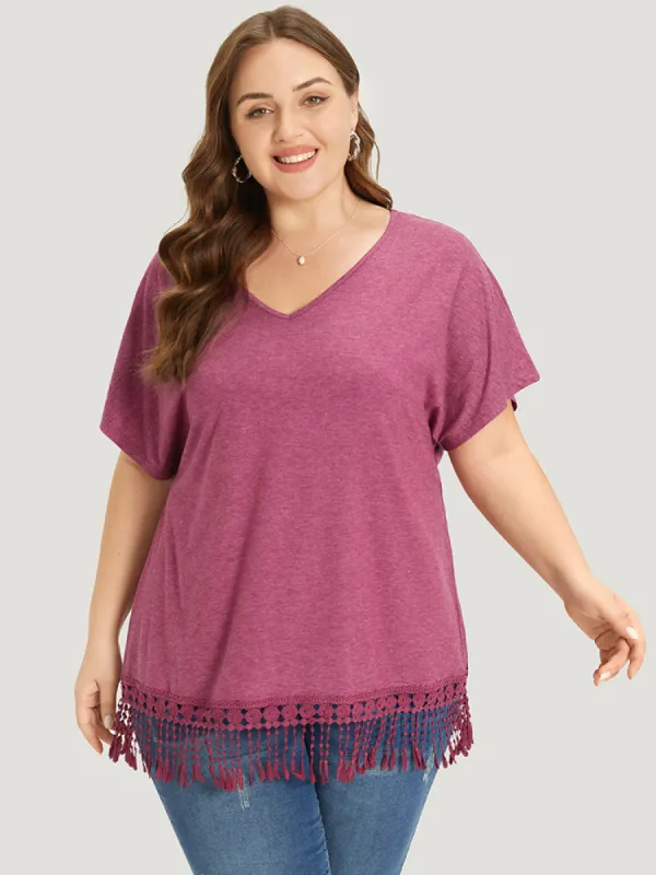 Plain Fringe Trim Batwing Sleeve T-shirt sold by Bloomchic