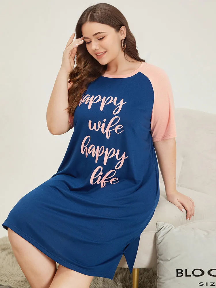 Letter Print Contrast Raglan Sleeve Patchwork Night Dress sold by Bloomchic product image thumbnail 3