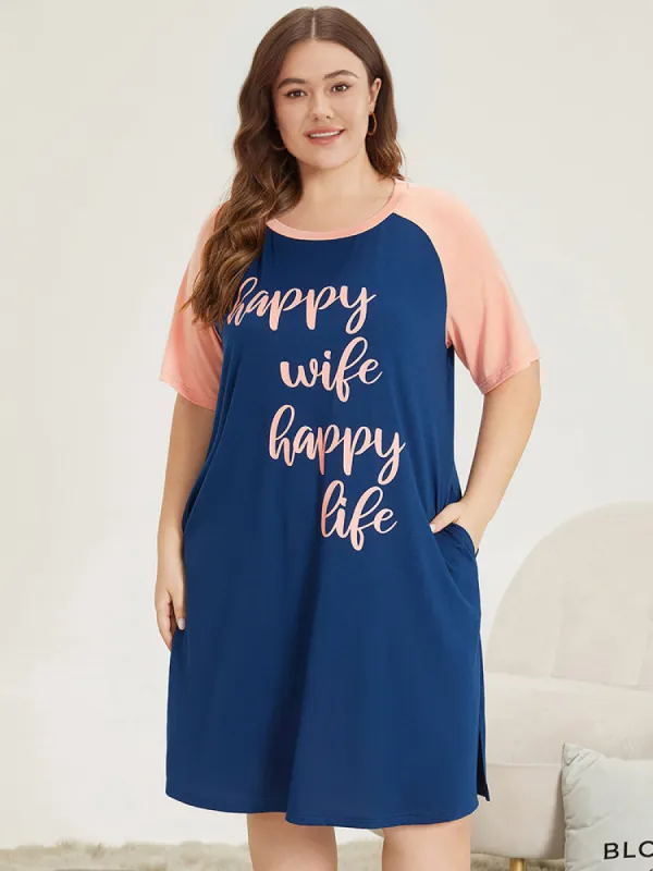 Letter Print Contrast Raglan Sleeve Patchwork Night Dress sold by Bloomchic