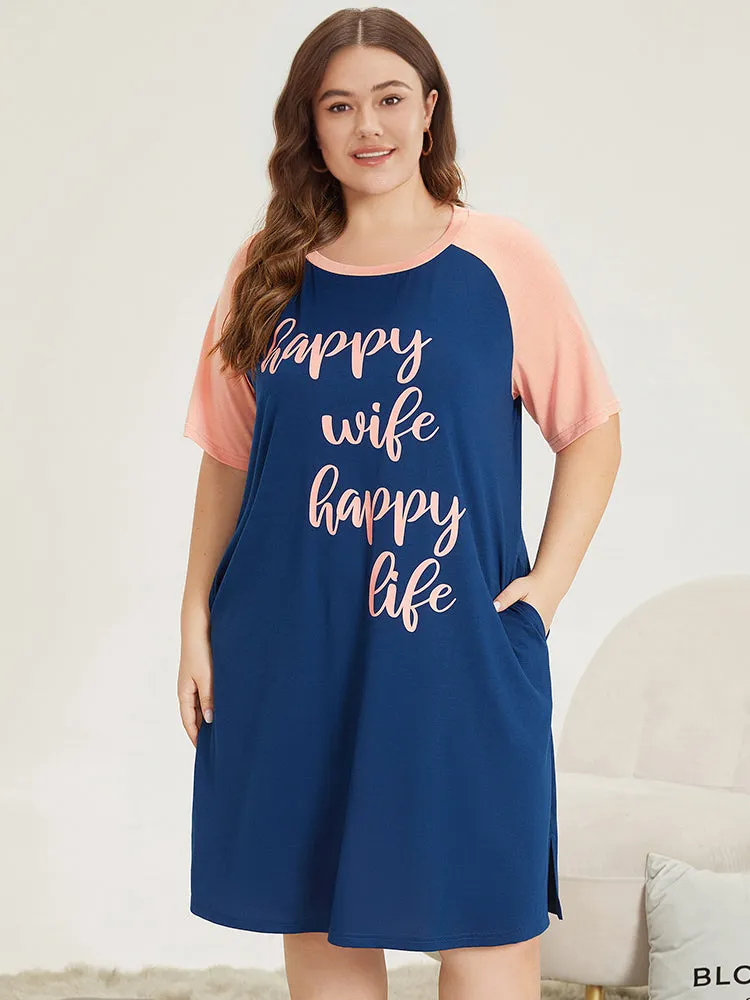 Letter Print Contrast Raglan Sleeve Patchwork Night Dress sold by Bloomchic