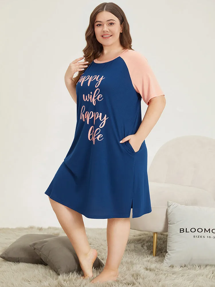 Letter Print Contrast Raglan Sleeve Patchwork Night Dress sold by Bloomchic product image thumbnail 2