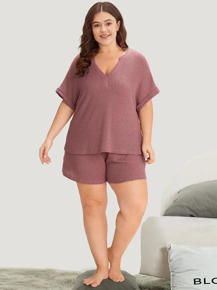 Waffle Knit Notched Roll Batwing Sleeve Sleep Top sold by Bloomchic product image thumbnail 4