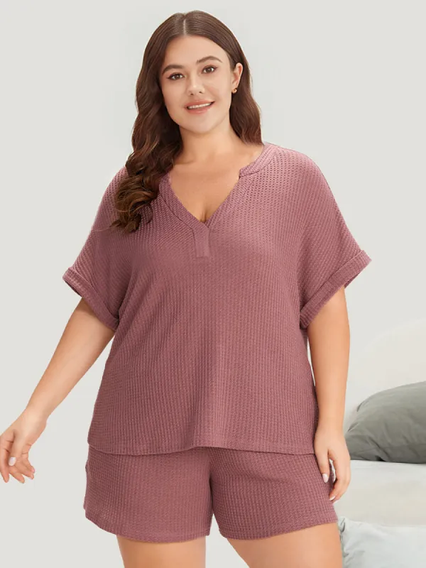 Waffle Knit Notched Roll Batwing Sleeve Sleep Top sold by Bloomchic